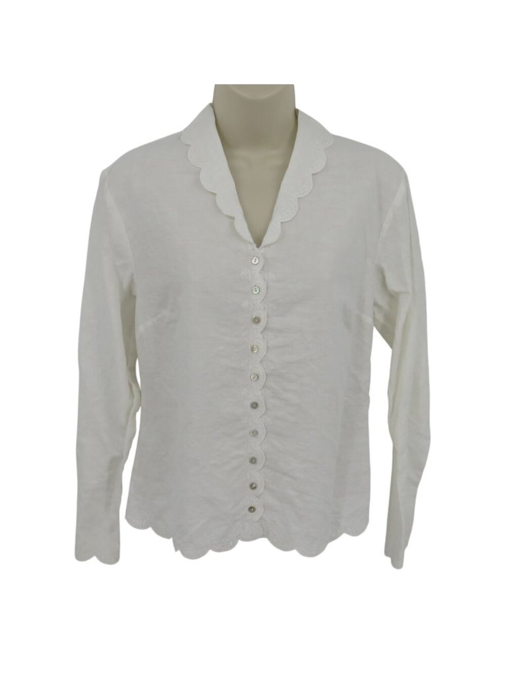 VTG Casual Corner Annex Women 8 White Linen Blend Scallop Button Shirt Blouse